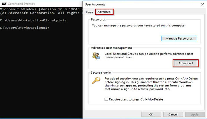 Netplwiz User Account Panel Advanced Tab