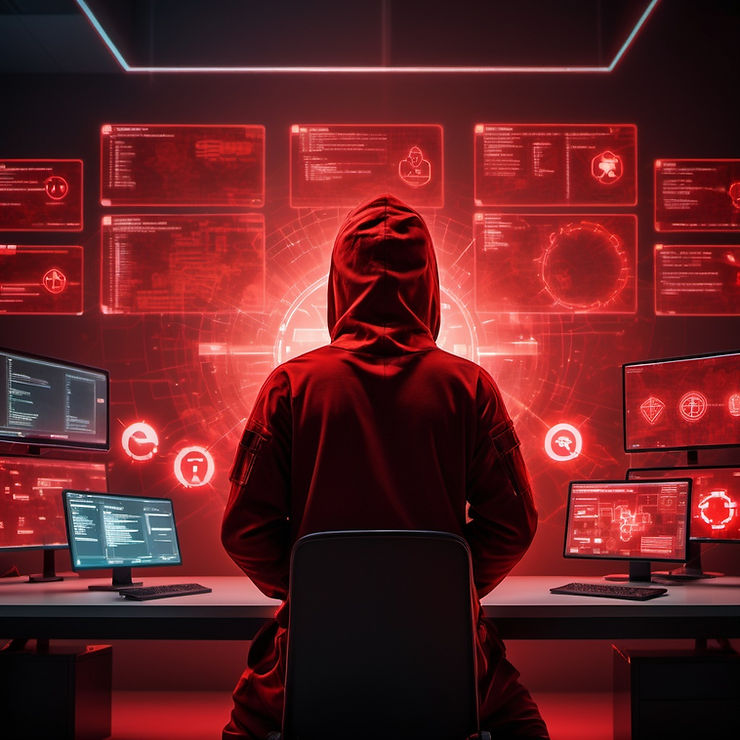 Hooded hacker figure facing many red illuminated screens