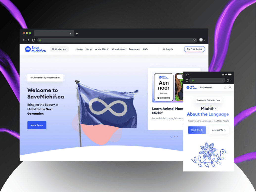 SaveMichif.ca website homepage and mobile view featuring a blue infinity flag, navigation menu, and buttons for demo and flashcards to promote Michif language preservation.