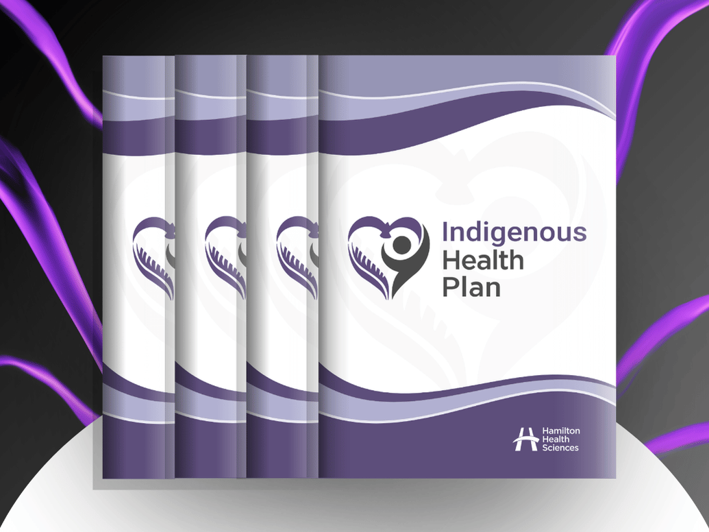 Stacked brochures with purple and white design titled Indigenous Health Plan featuring a heart-shaped logo and Hamilton Health Sciences branding.