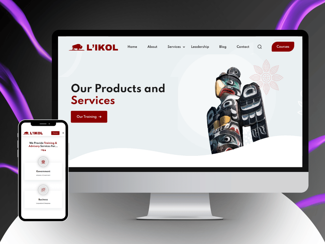 Desktop and mobile display of L'IKOL website homepage showing products and services with a carved totem pole image.