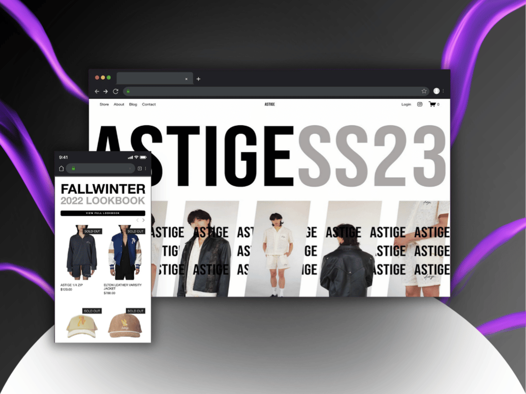 Website and mobile view of ASTIGE fashion brand showcasing SS23 collection with models wearing various outfits and a fall winter 2022 lookbook with sold-out items.