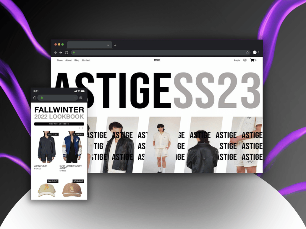 Website and mobile view of ASTIGE fashion brand showcasing SS23 collection with models wearing various outfits and a fall winter 2022 lookbook with sold-out items.