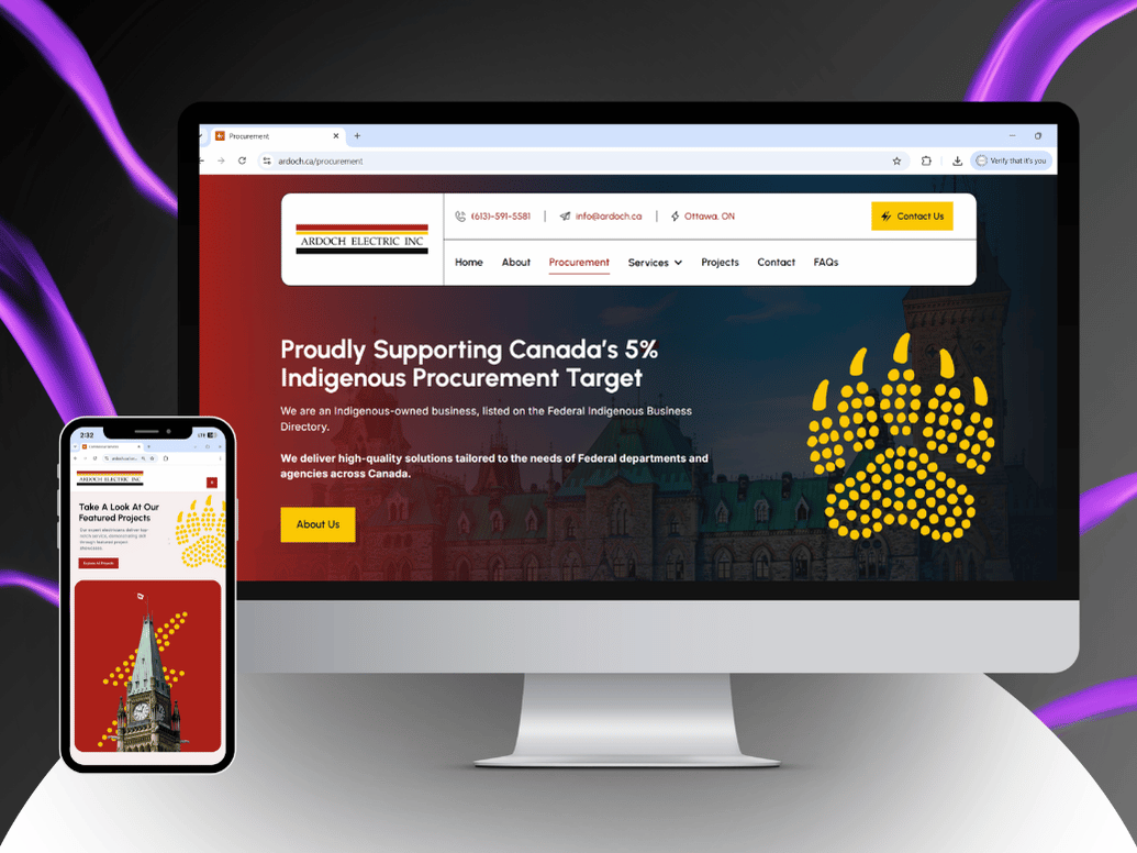 Desktop and mobile screens displaying Ardoch Electric Inc website homepage focused on Indigenous procurement support and featured projects.