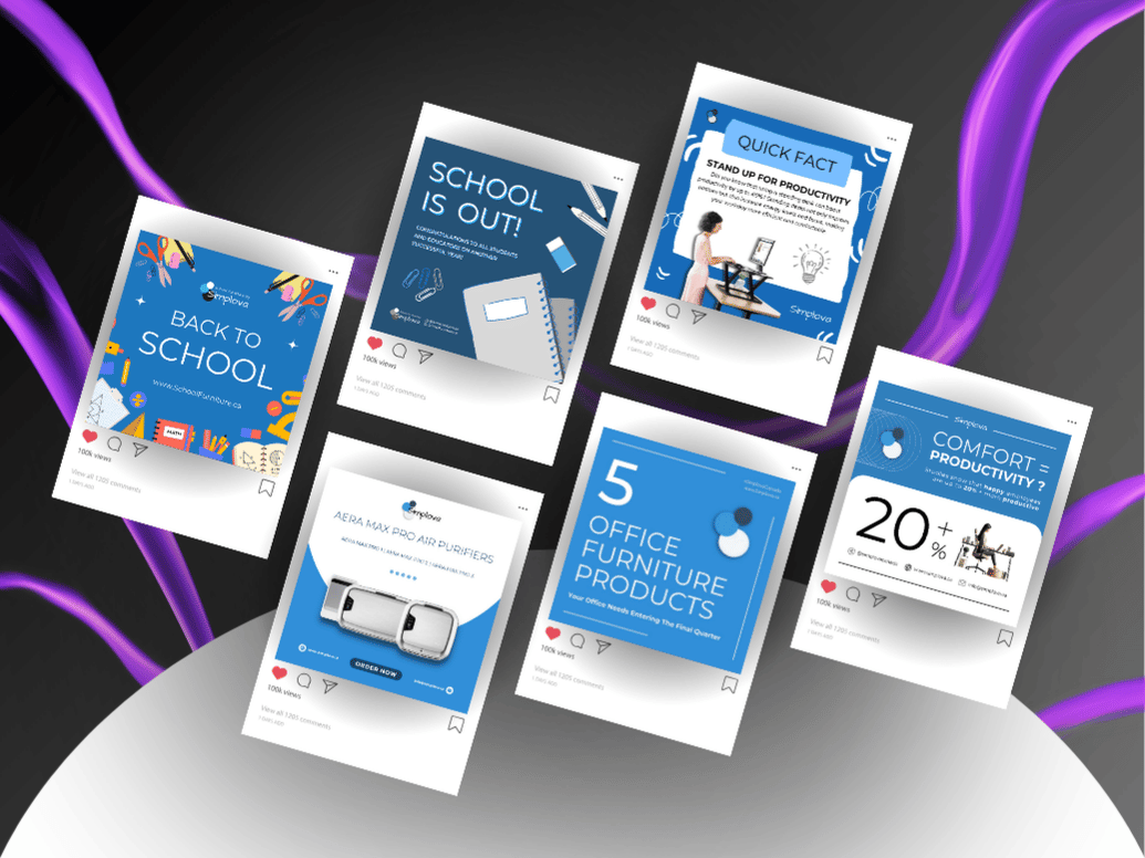 Six social media-style posts on a purple background featuring back-to-school themes, office furniture products, air purifiers, productivity tips, and comfort at work.