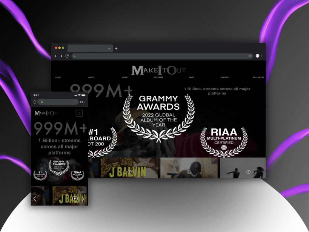 Make It Out website homepage showing 999M+ streams, accolades including 2022 Grammy Awards Global Album of the Year, #1 Billboard Hot 200, and RIAA Multi-Platinum certification.