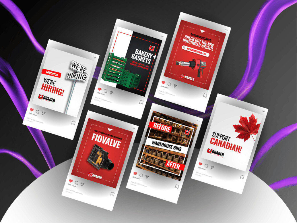 Six social media styled posts featuring Drader Manufacturing brand messages: hiring announcement, bakery baskets, new Injectweld website, Fiovalve product, warehouse bins before and after, and support Canadian with a maple leaf.