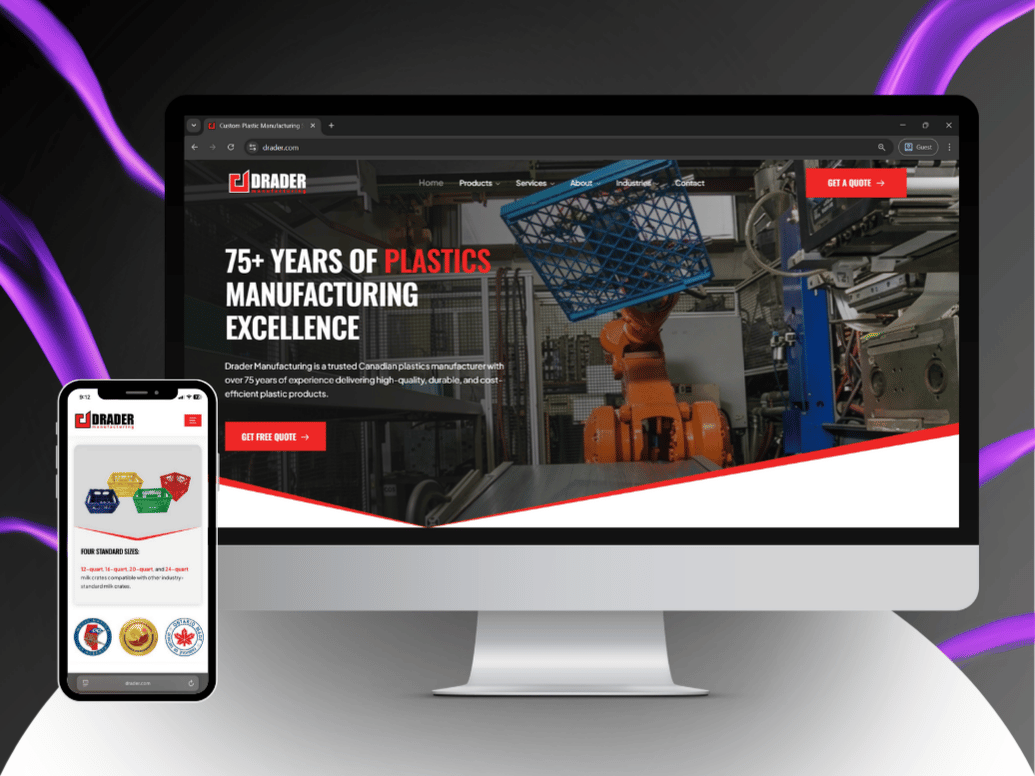 Desktop and mobile view of Drader Manufacturing website showing 75+ years of plastics manufacturing experience and product images.