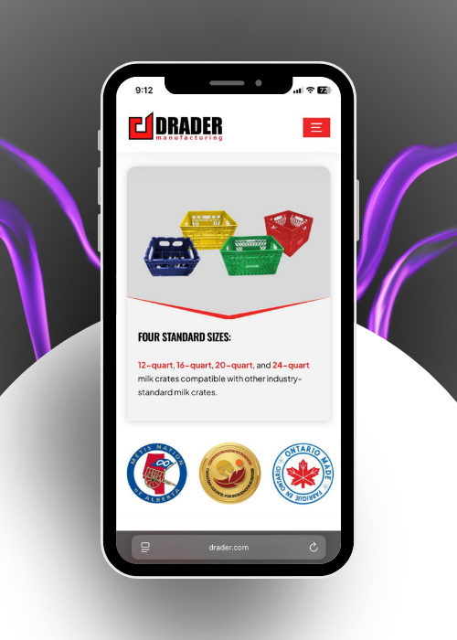 Mobile view of Drader Manufacturing website showing four colored milk crates in different sizes and text about four standard milk crate sizes: 12-, 16-, 20-, and 24-quart.