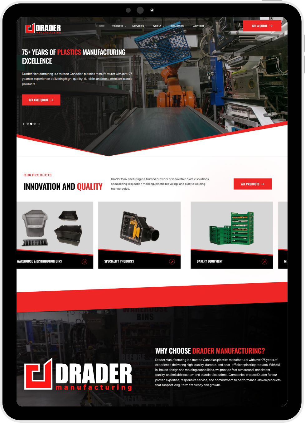Tablet screen showing Drader Manufacturing website highlighting over 75 years of plastics manufacturing, product categories like warehouse bins, specialty products, bakery equipment, and company information.