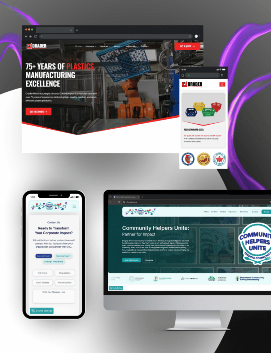 Screenshots of Drader Manufacturing plastics website on desktop and mobile, and Community Helpers Unite website on desktop and mobile showing contact form.