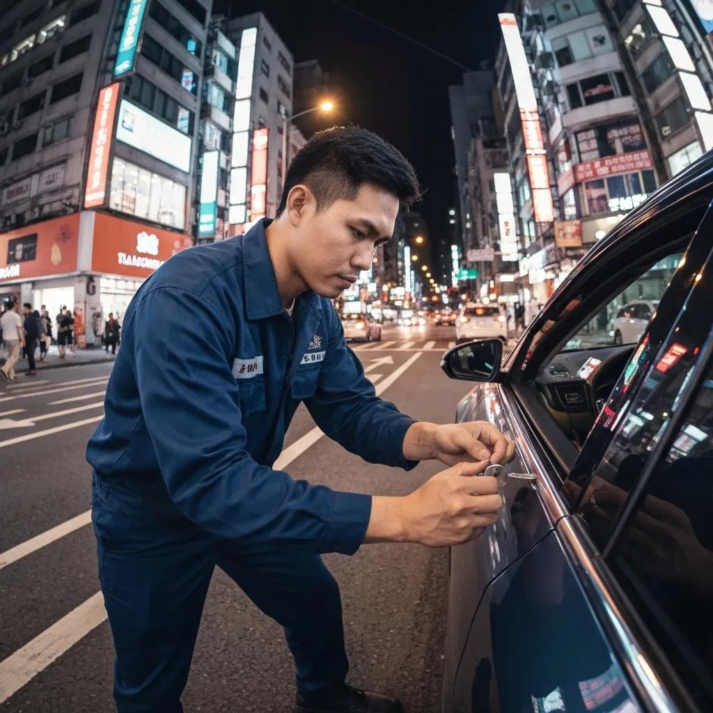 Professional locksmith unlocking a car door with specialized tools, showcasing safe and reliable service