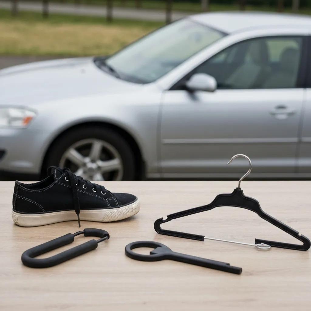 DIY tools for unlocking a car, including shoelace, coat hanger, and slim jim, highlighting risks of amateur methods