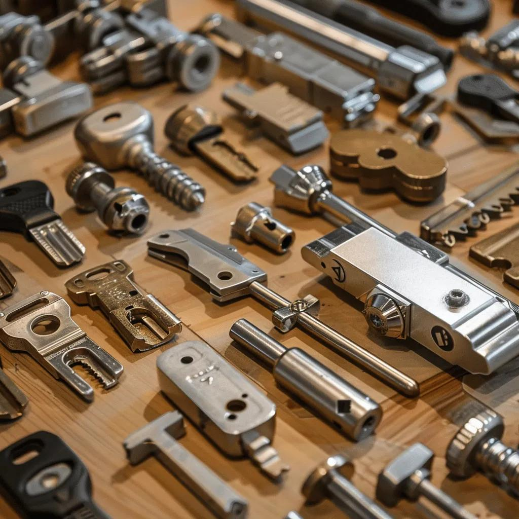 Display of high-security locks including Medeco and Mul-T-Lock showcasing advanced locking mechanisms