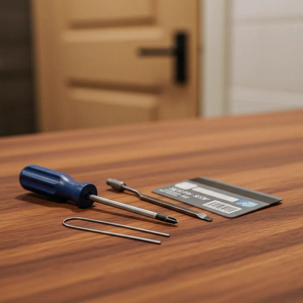 DIY tools for unlocking bathroom doors, including screwdriver, bobby pin, and credit card, emphasizing practical unlocking methods