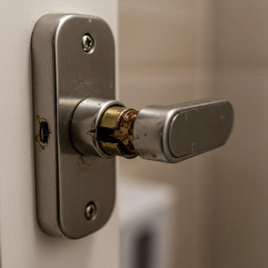 Close-up of a worn bathroom door lock showing signs of damage, illustrating the need for repair or replacement