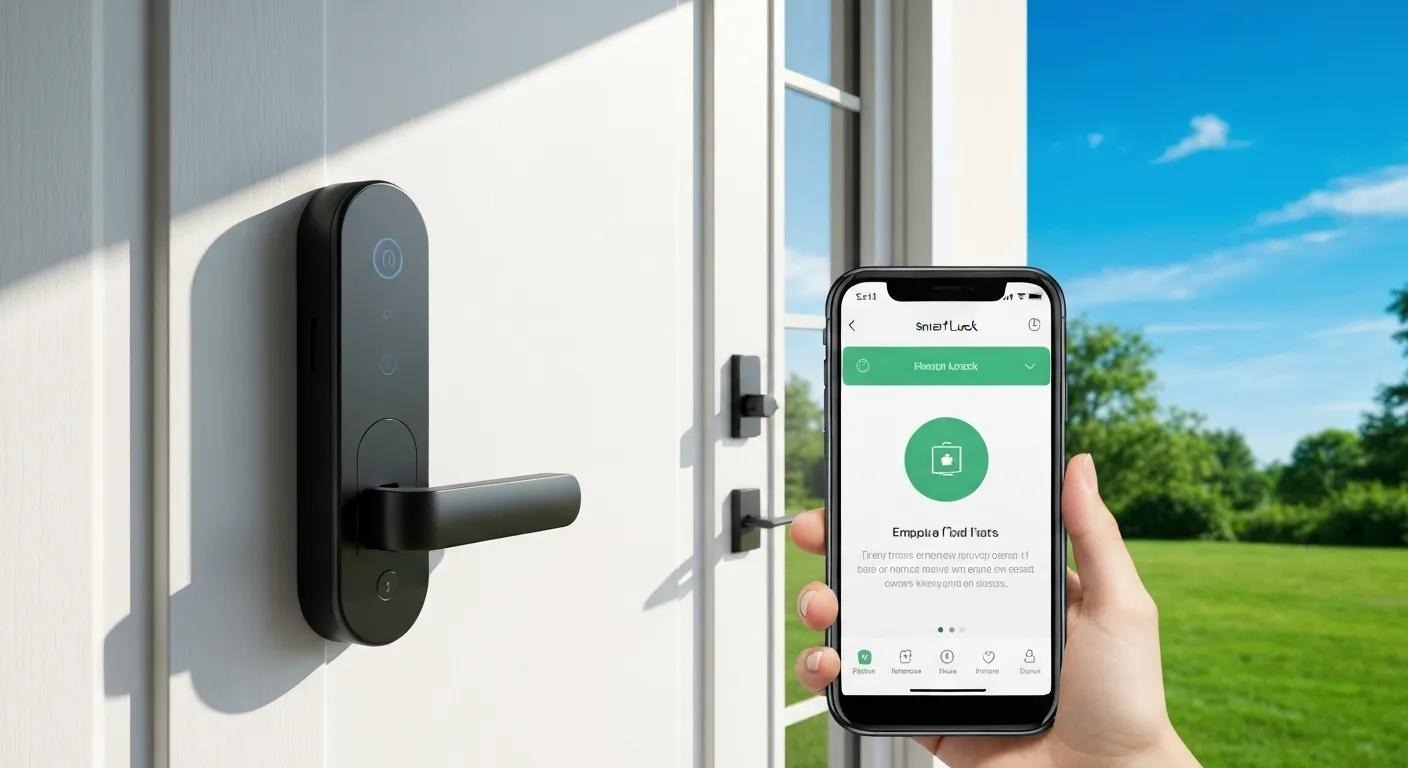 Modern smart lock on a front door with smartphone app, illustrating home security technology