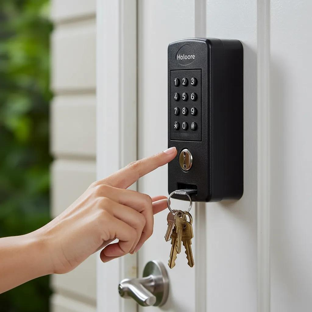 Secure key lockbox mounted at a home entrance, demonstrating safe key storage solutions
