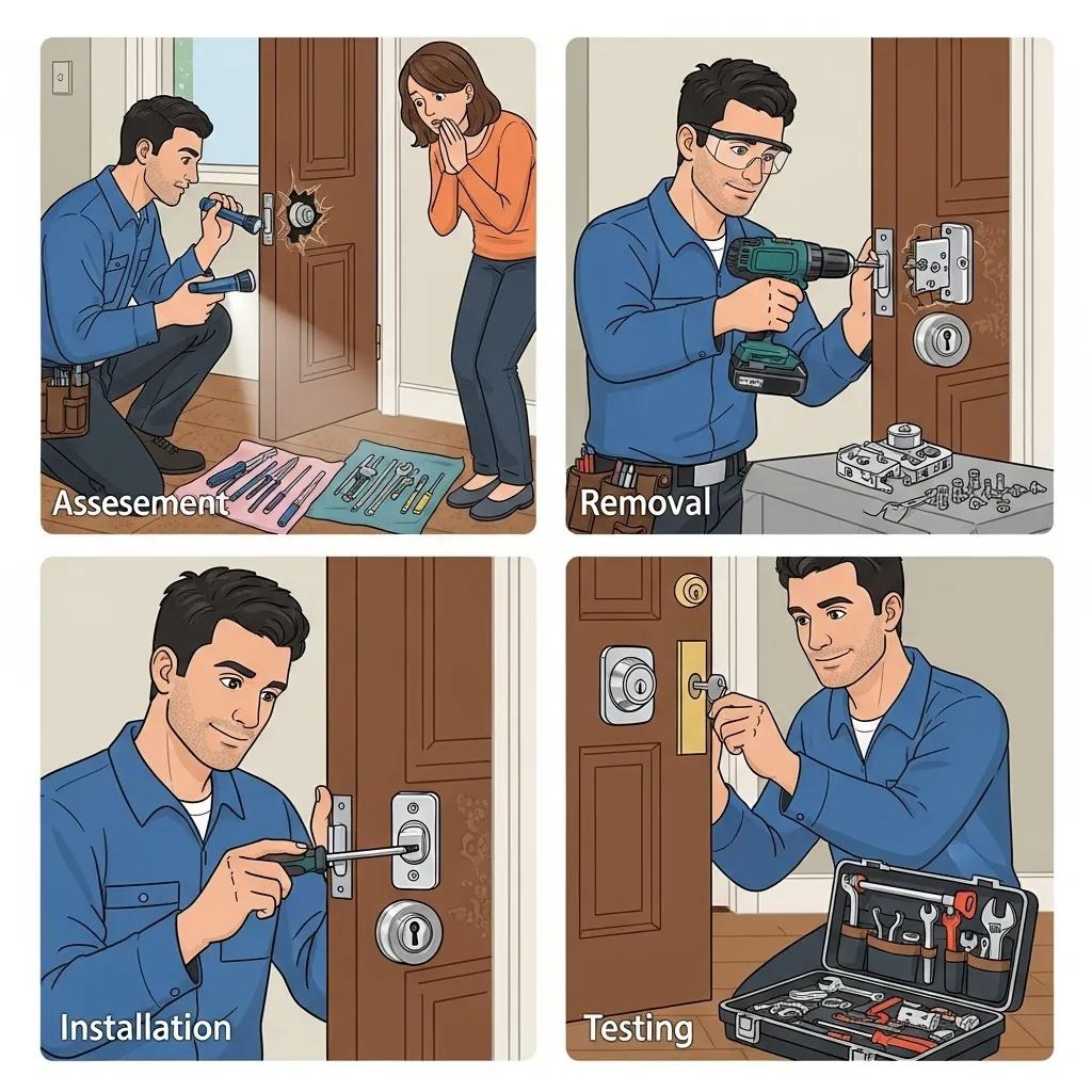 Locksmith carrying out step-by-step emergency lock replacement