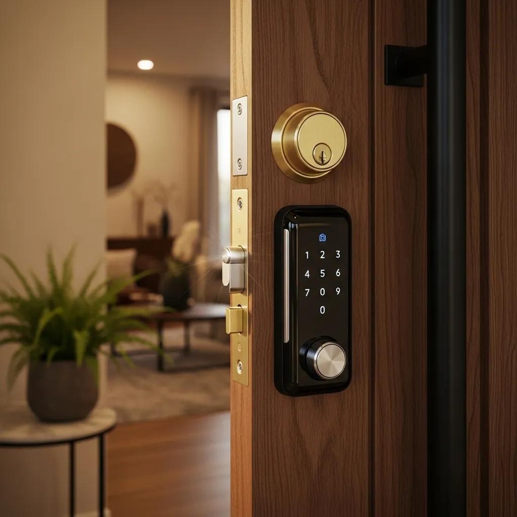 Modern home entrance with a high-security deadbolt and a smart lock installed