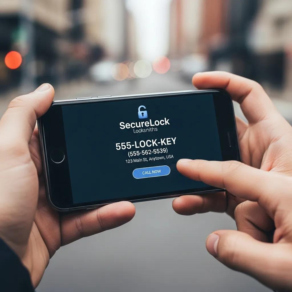 Person using smartphone to contact a local emergency locksmith, emphasizing quick access