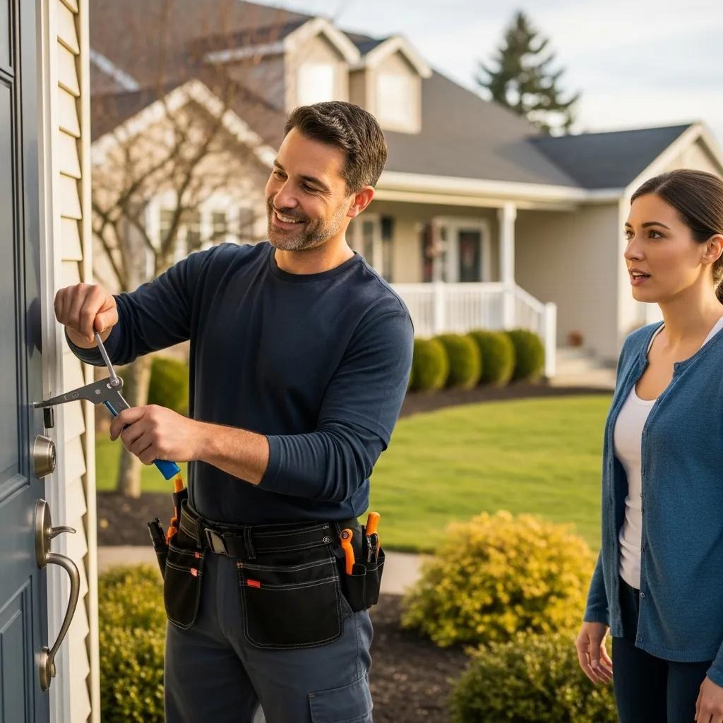 Emergency locksmith assisting a homeowner in a lockout situation