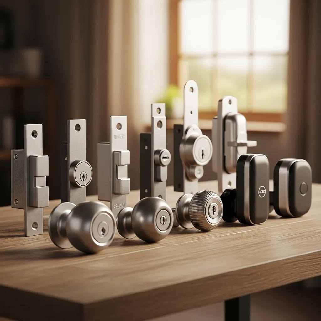 Different types of residential locks including deadbolts, knob locks, and smart locks