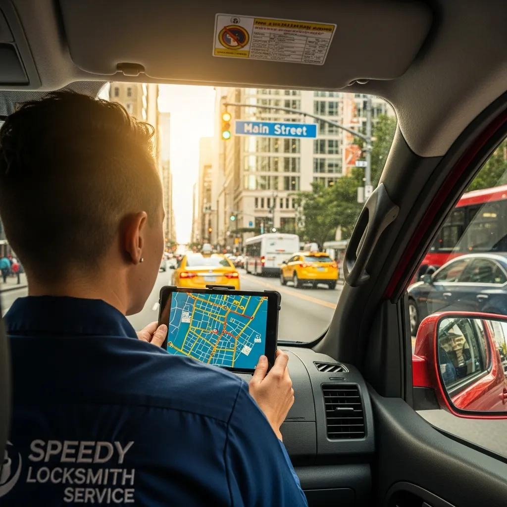 Locksmith driving to a home lockout emergency in an urban area