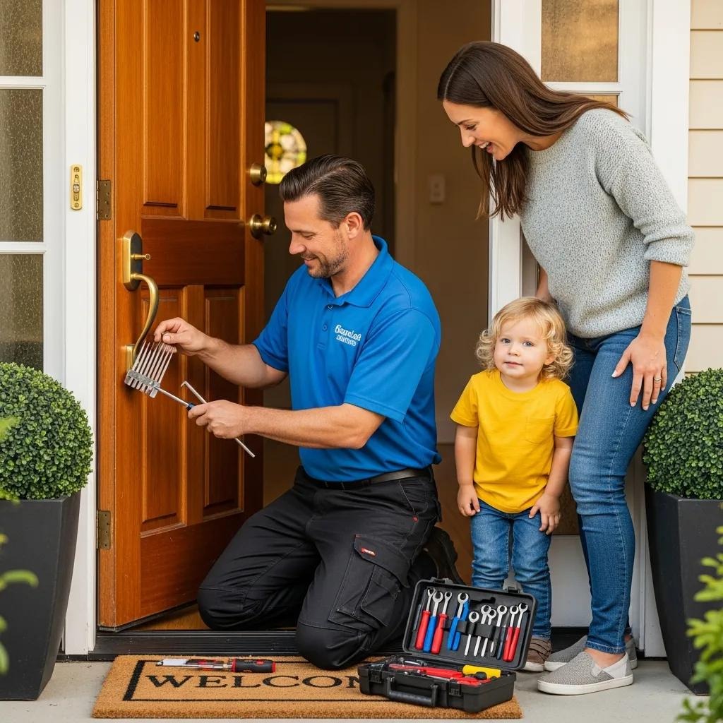 Family receiving assistance from a locksmith during a residential lockout