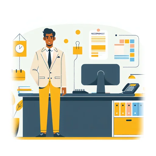 Professional workplace scene showing a Receptionist working in a modern Professional Services environment. The image represents the professional setting and responsibilities of the role.