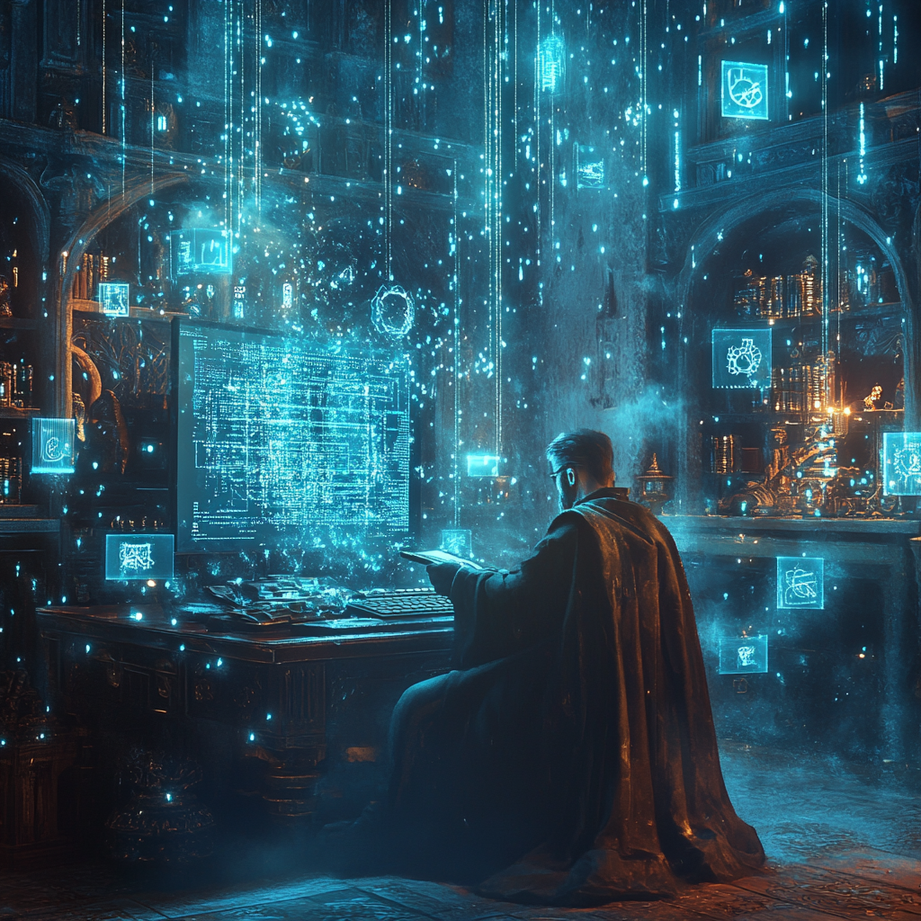 Eine mystische Darstellung eines Zauberers in einer antiken Bibliothek, umgeben von schwebenden, leuchtenden digitalen Datenströmen und Symbolen. Der Zauberer liest aus einem Buch, während auf dem Bildschirm komplexe Codezeilen und Datenvisualisierungen erscheinen. Das Bild verbindet das Gefühl von Magie und Technologie und symbolisiert die Verschmelzung von Wissen und Innovation im digitalen Zeitalter.