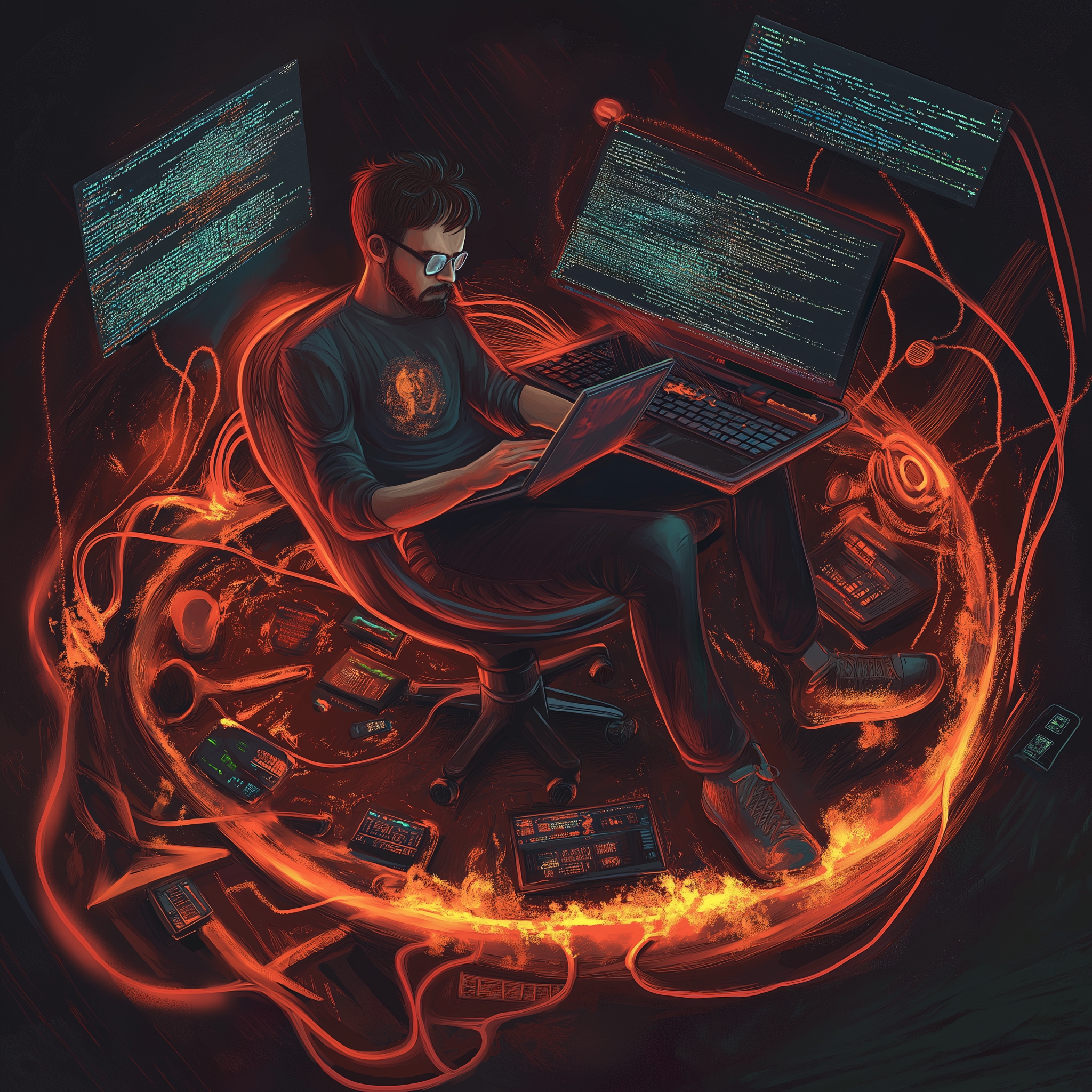 Ein Entwickler, der inmitten eines intensiven Arbeitsumfeldes an mehreren Computern sitzt, umgeben von leuchtenden Codezeilen und digitaler Technologie. Der Bildaufbau kombiniert futuristische Programmierumgebungen mit mystischen Elementen, was die Verschmelzung von Technologie, Kreativität, Webseitenentwicklung und Content-Erstellung für Marketingzwecke symbolisiert