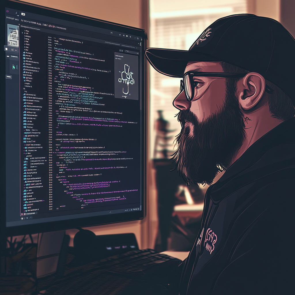 Ein Entwickler, der konzentriert vor einem Bildschirm mit komplexem Code arbeitet. Die visuelle Darstellung kombiniert Technologie, Webentwicklung und Content-Erstellung. Sie symbolisiert den kreativen Prozess bei der Entwicklung von Webseiten und der Erstellung von maßgeschneiderten Inhalten für effektives Content-Marketing.