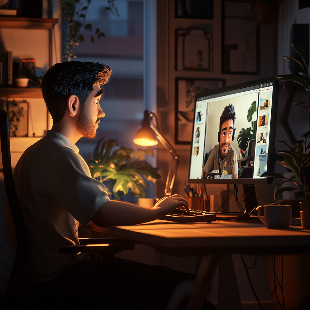 Ein animierter Charakter, der an einem Schreibtisch sitzt und vor einem Computerbildschirm arbeitet. Auf dem Bildschirm ist eine Webcam-Aufnahme der Person zu sehen, was den Einsatz von Videokommunikation und digitalen Tools für Content-Erstellung und Online-Marketing widerspiegelt.