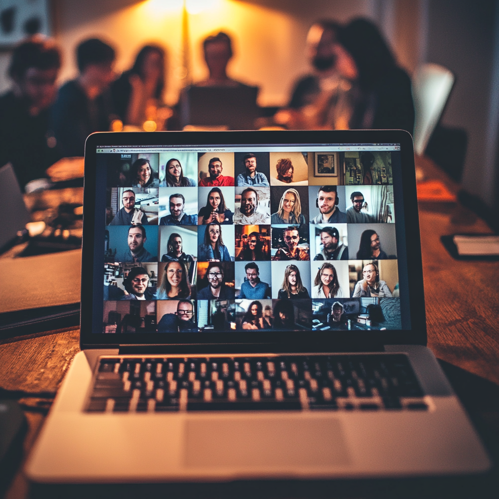Ein Laptop, auf dessen Bildschirm eine Videokonferenz mit vielen Teilnehmern angezeigt wird. Die Szene zeigt die digitale Zusammenarbeit in einem virtuellen Meeting, das den Einsatz von Online-Kommunikation und Web-Technologien für effektive Teamarbeit und Content-Erstellung im Marketingbereich widerspiegelt