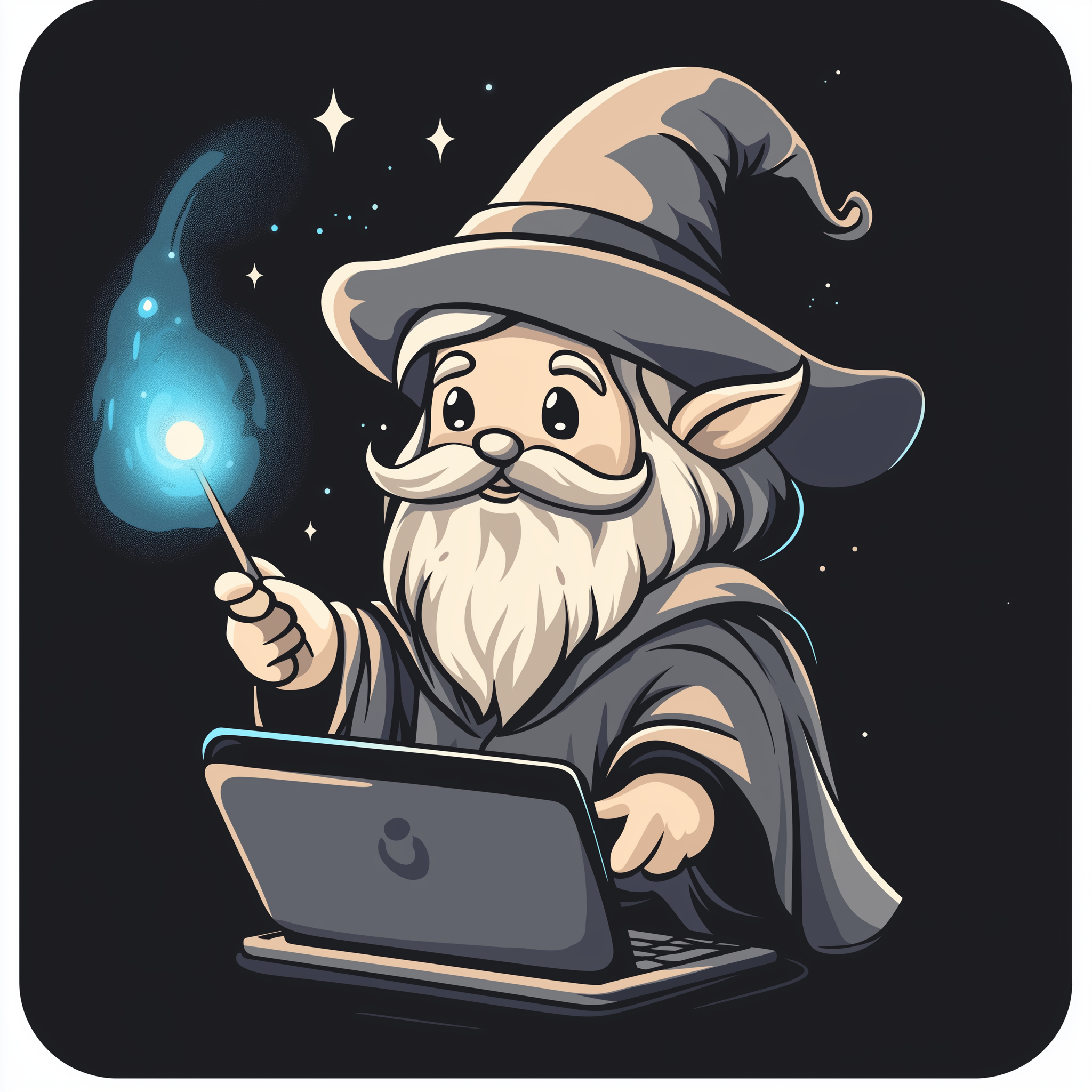 Ein charmantes, fantasievolles Charakterdesign eines Zauberers, der mit einem Zauberstab vor einem Laptop sitzt, umgeben von magischen Funken. Diese Darstellung symbolisiert die kreative und innovative Arbeitsweise der Werbezauberer. Das Team bietet neben Webentwicklung, Content-Erstellung und Omnichannel-Marketing auch Personal-IT-Recruiting-Dienstleistungen an, um talentierte IT-Profis zu finden und in den perfekten digitalen Teams zu integrieren