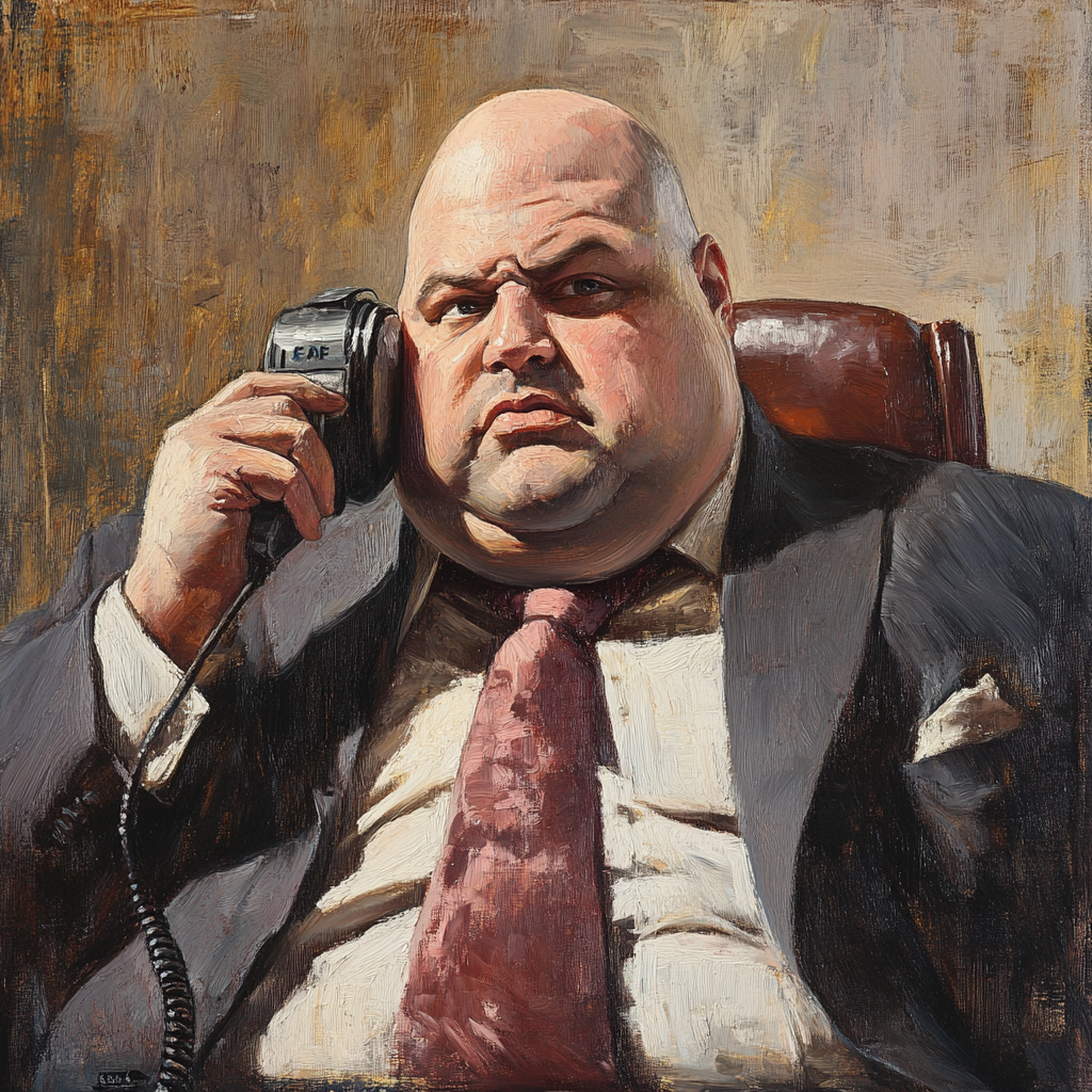 Ein Portrait eines kräftigen Mannes im Anzug, der mit einem Telefonhörer in der Hand in einem Bürostuhl sitzt und ernst aussieht, als würde er ein wichtiges Gespräch führen. Dieses Bild repräsentiert die Kontaktseite der Werbezauberer aus dem Rhein-Erft-Kreis, die sich auf Online-Marketing spezialisiert haben und bereit sind, mit Ihnen über Ihre Marketingstrategien zu sprechen