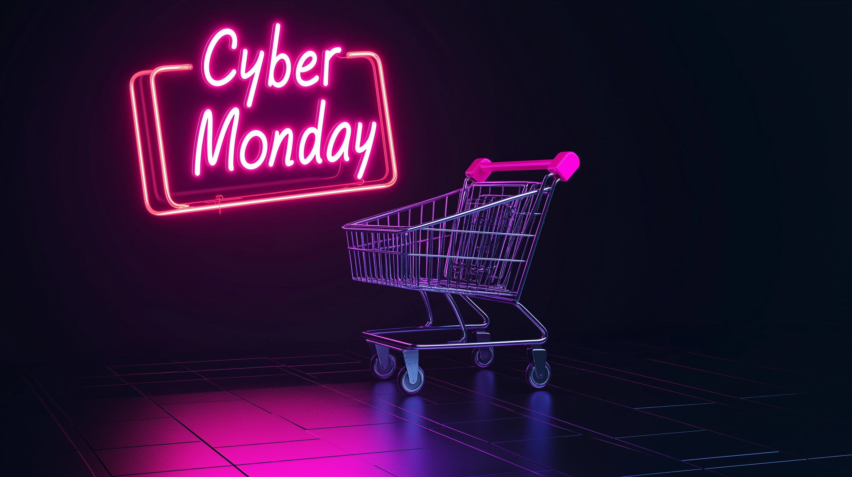 Ein modernes, leuchtendes Cyber Monday-Schild in Neonrosa, das zusammen mit einem Einkaufswagen auf einem stilisierten, futuristischen Hintergrund präsentiert wird. Dieses Bild symbolisiert den E-Commerce-Boom und die Bedeutung von digitalen Marketingstrategien, einschließlich SEO, SEA, Content-Marketing und Influencer-Marketing, um die Markenbekanntheit von Brands zu steigern. Es verdeutlicht, wie Marken ihre Sichtbarkeit und Reichweite während großer Verkaufsaktionen wie dem Cyber Monday durch zielgerichtete Online-Marketingmaßnahmen steigern können.