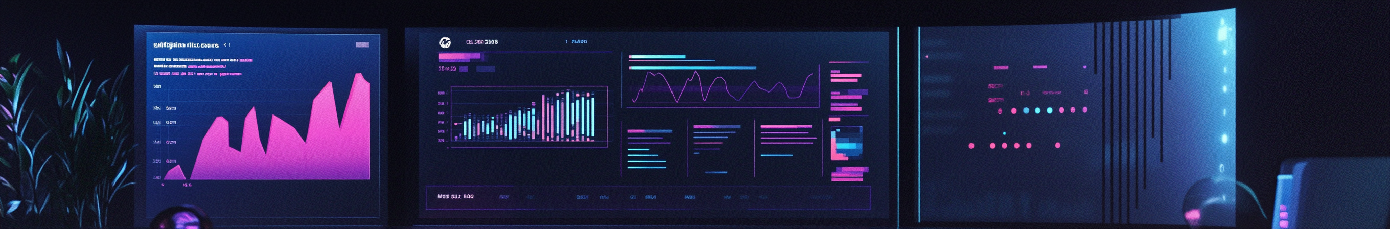 Das Banner von mehreren Bildschirmen, die komplexe Datenanalysen und Grafiken in leuchtenden Farben zeigen, was die digitale Transformation und moderne Datenverarbeitung symbolisiert. Diese Darstellung passt zum Thema 'Tradition trifft digitale Zauberkraft' in der Möbelindustrie. Die Werbezauberer aus dem Rhein-Erft-Kreis haben traditionelle Möbelunternehmen durch gezielte digitale Marketingstrategien, die SEO, SEA und Content-Marketing umfassen, erfolgreich in die digitale Welt geführt. Diese Transformation fördert die Markenbekanntheit und optimiert die Kundenansprache in der Möbelindustrie.