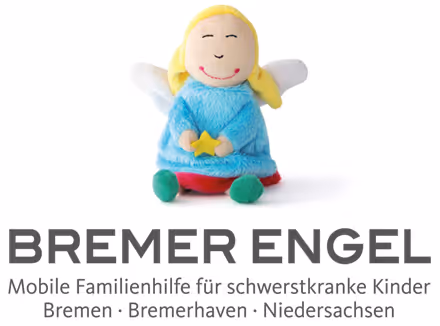 Plüschtier-Engel mit blauer Kleidung und gelben Haaren, Logo für Bremer Engel Familienhilfe.