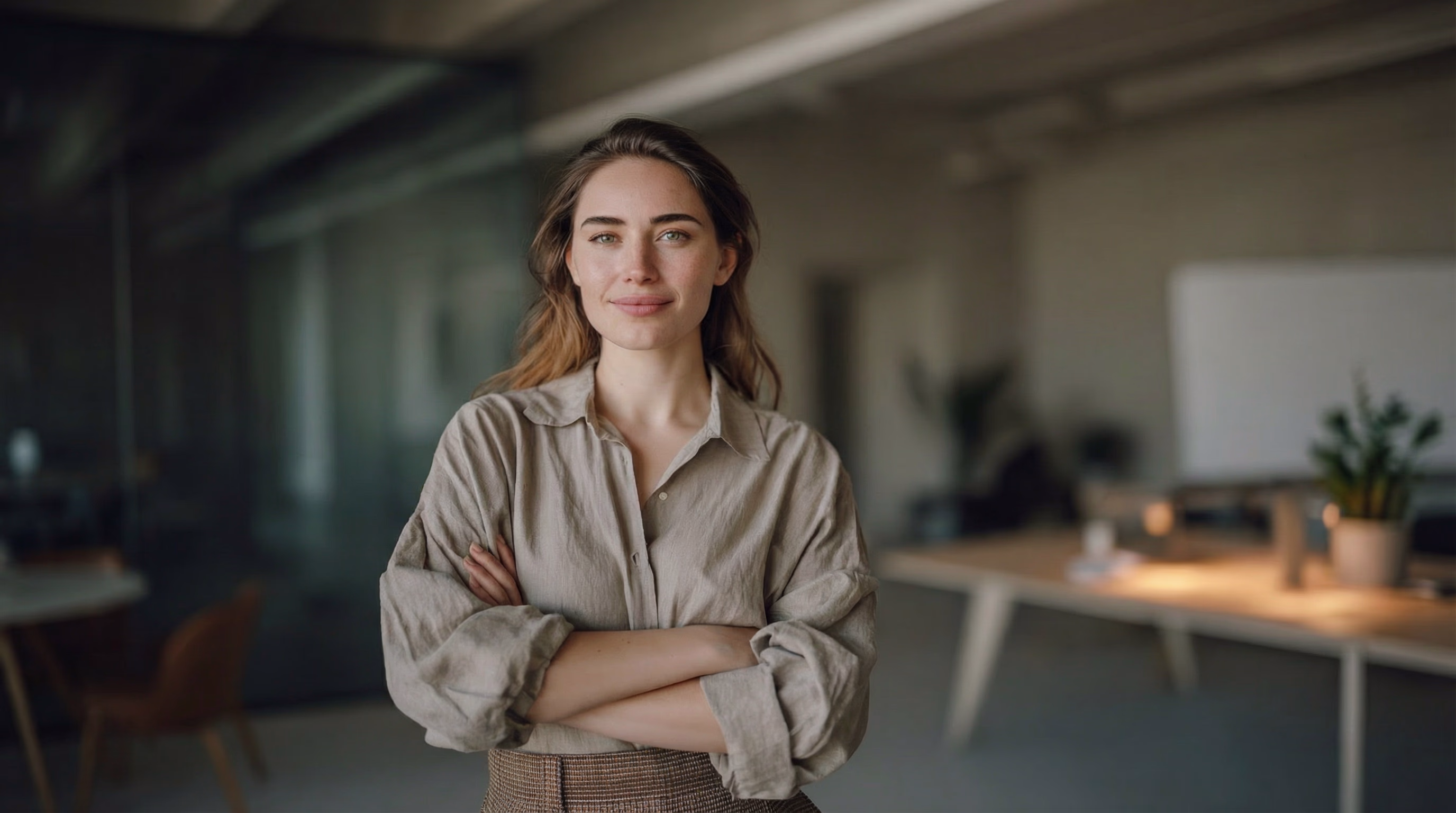 Frau mit beige Bluse und verschränkten Armen lächelt in einem modernen Büro.