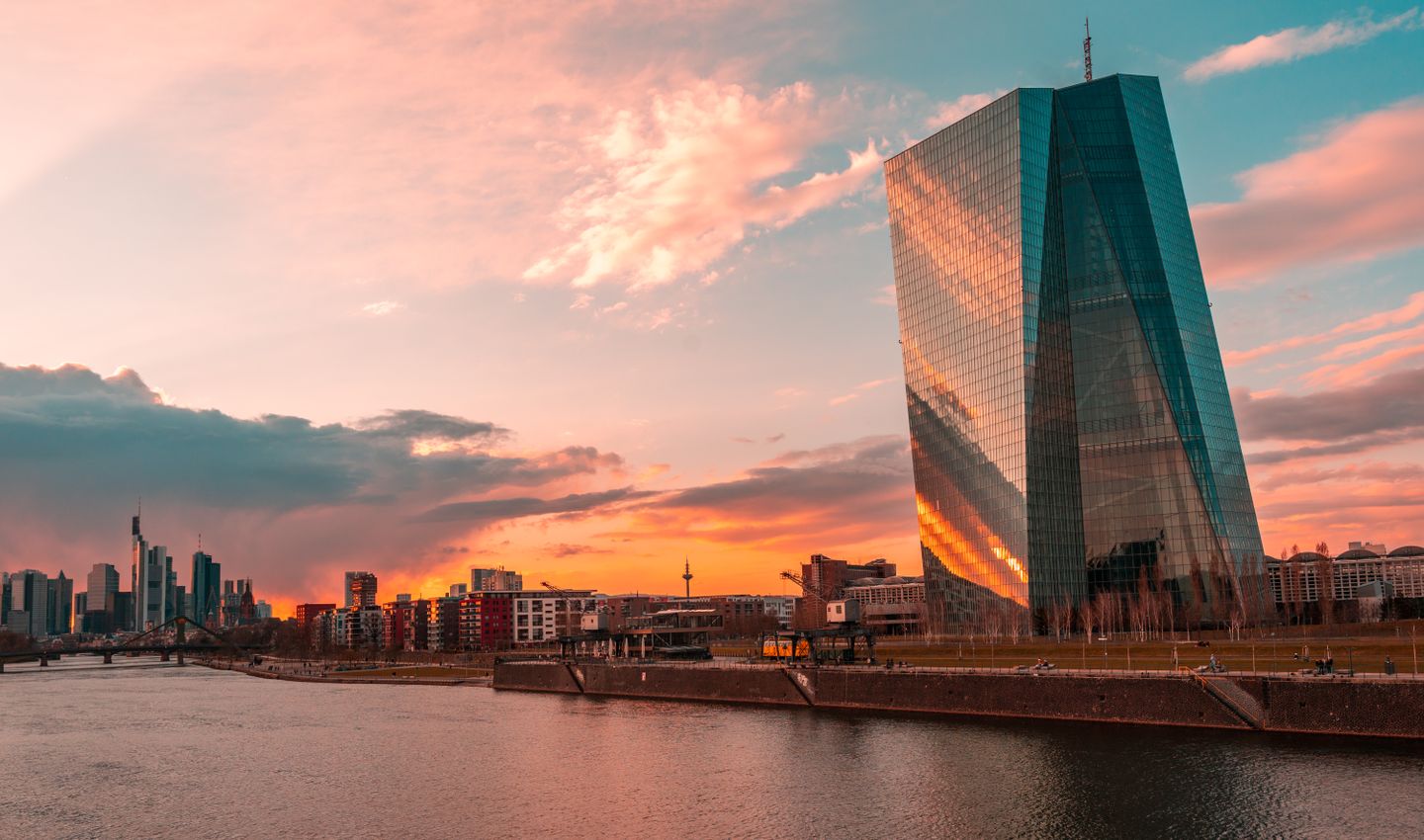 Frankfurt skyline with the European Central Bank tower at sunset