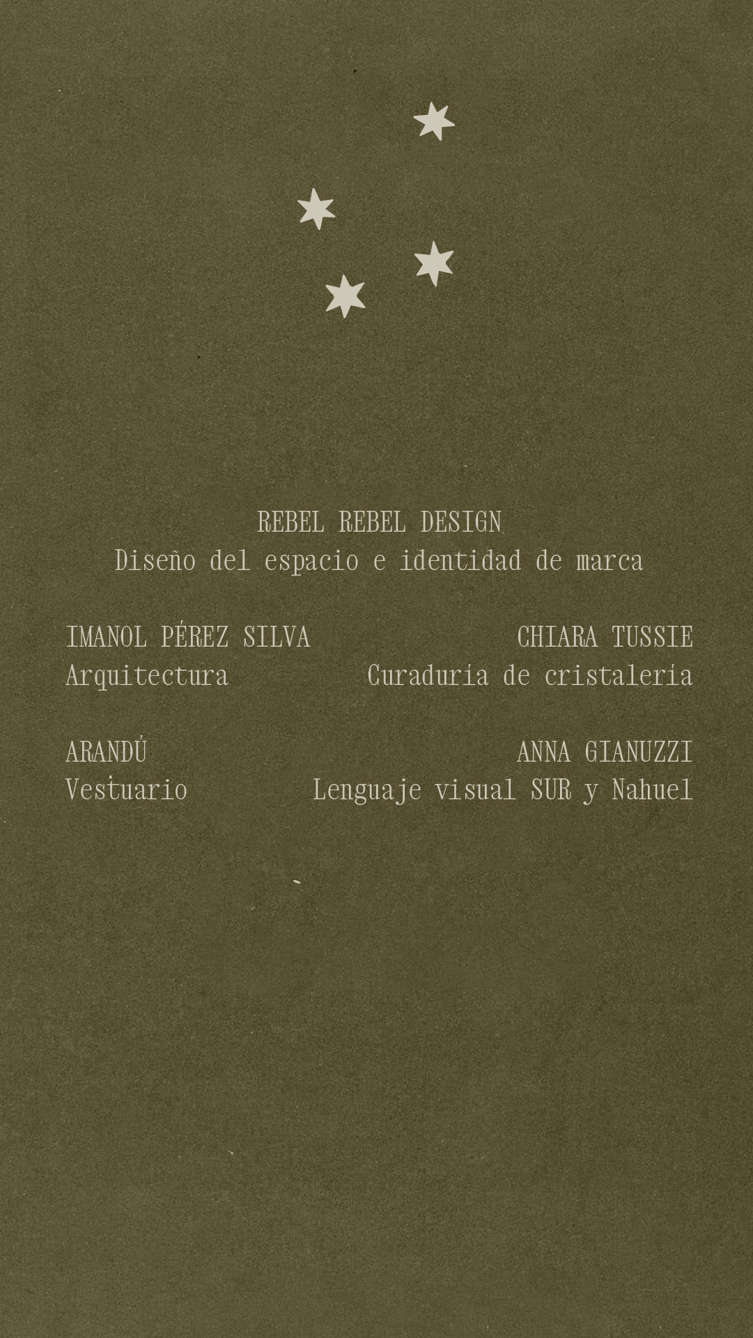 SUR project credits listing Chiara Tussie glassware curation and Rebel Rebel Design