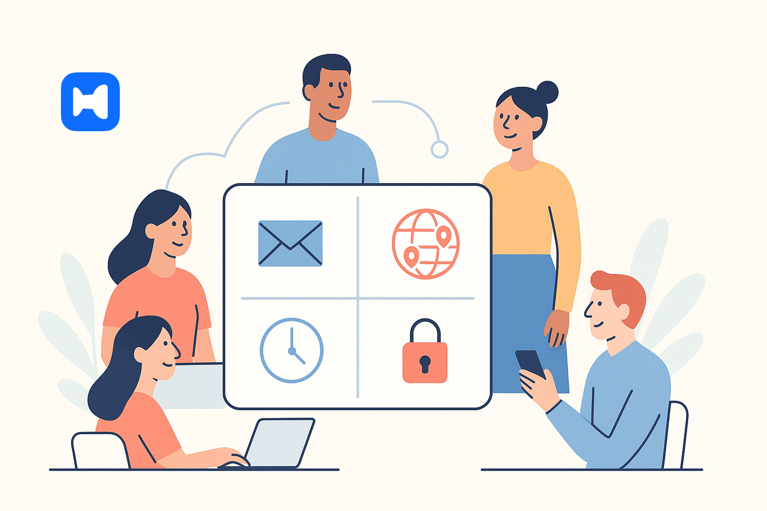 Diverse team members connected remotely via Wellpin around a shared Microsoft Teams interface