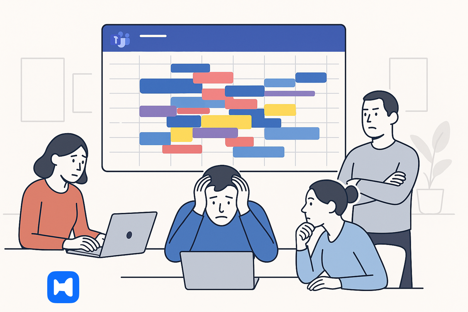Office workers looking at an overcrowded Microsoft Teams Calendar on a screen with overlapping events
