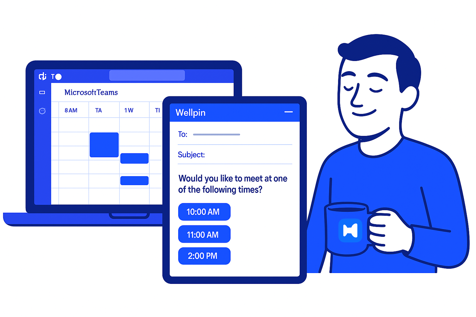 Minimalist planner board with icons for scheduling, external users, availability, and access control surrounded by team members