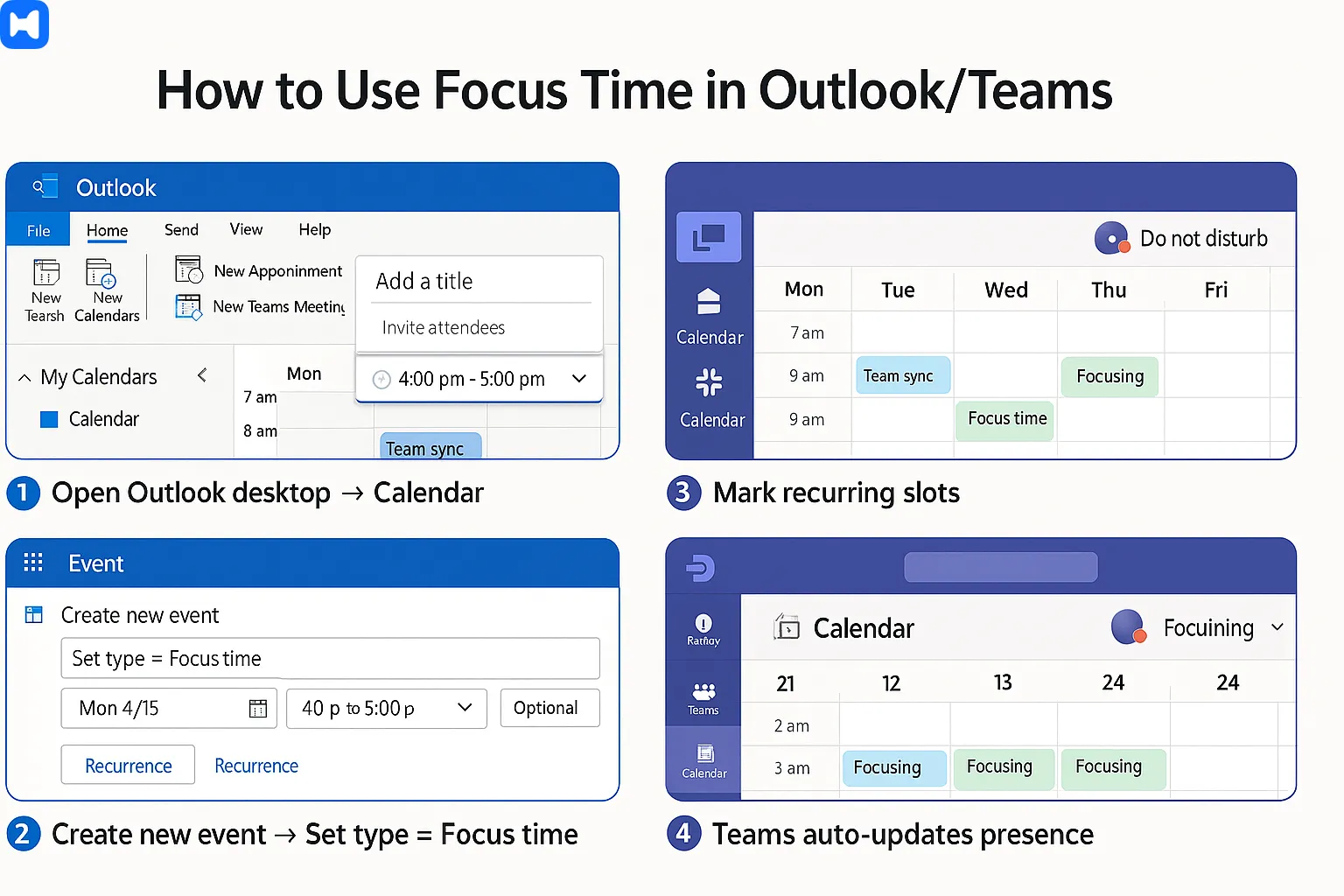 how to use focut time n outlook/teams