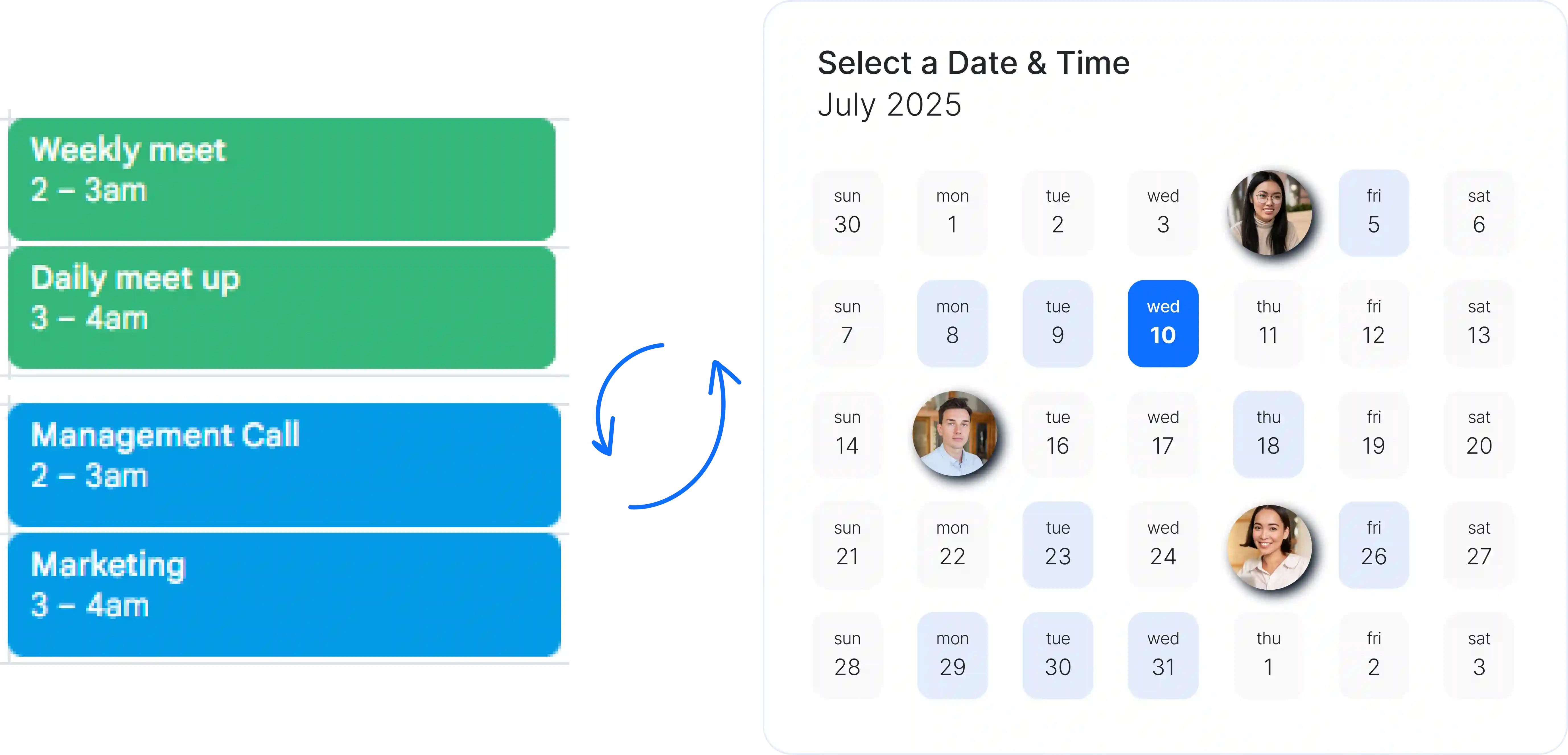 Scheduler with meeting cards calendar