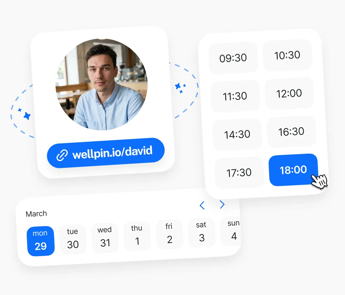 Wellpin booking link interface showing real-time availability and instant meeting scheduling
