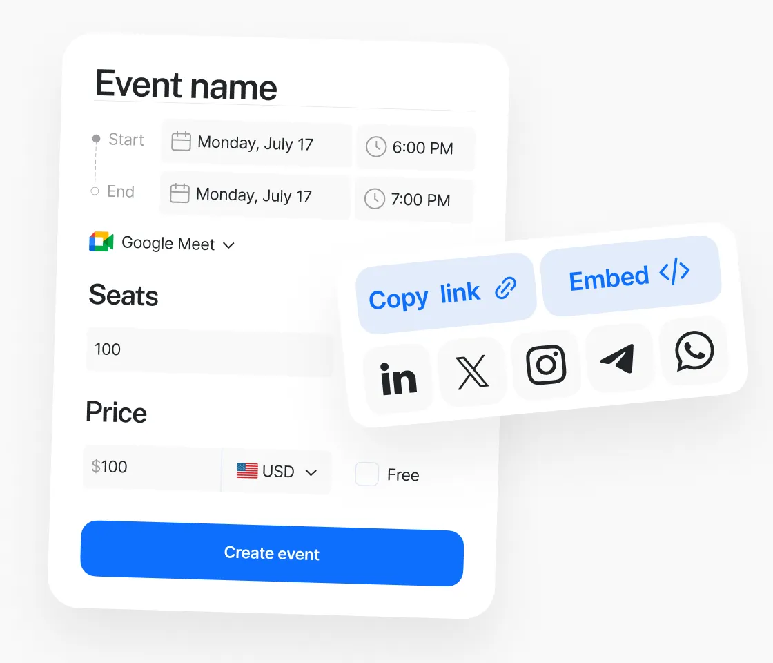 Wellpin event creation interface for group meetings, webinars, and shared booking links